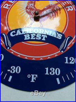 Vtg red rooster california's best porcelain metal thermometer sign farm seed