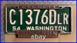 Washington 1954 dealer license plate C 1376 Simpson Pontiac frame Everett 1293