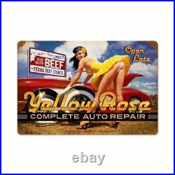 Yellow Rose Auto Repair Tire Girl Pin Up Metal Sign by Greg Hildebrandt